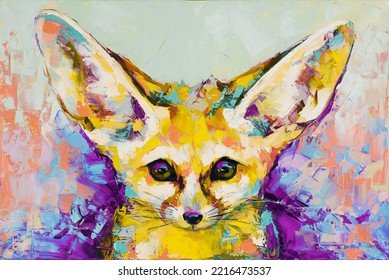 Oil fox portrait painting in multicolored tones. Conceptual abstract painting of a fennec muzzle. Closeup of a painting by oil and palette knife on canvas. 