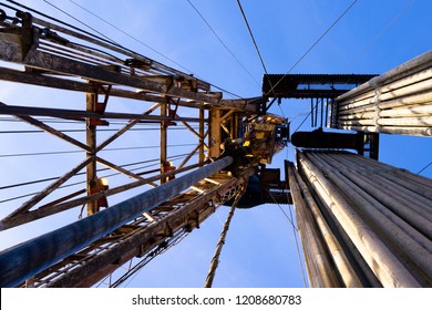 Oil And Gas Drilling Rig Onshore Dessert With Dramatic Cloudscape. Oil Drilling Rig Operation On The Oil Platform In Oil And Gas Industry.