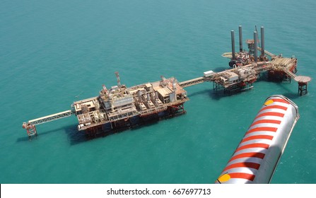 Oil And Gas Exploration In The Persian Gulf. An Aerial  View On A Rig In The Arabian Sea.