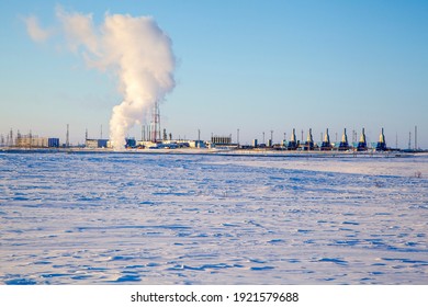 Oil, Gas Industry. Gas Booster Compressor Station, Gas Transportation Plant, Panoramic.