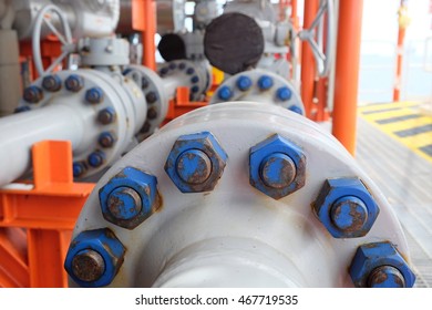 Oil And Gas Pipes Flange With The Rusty Stud And Bolt.