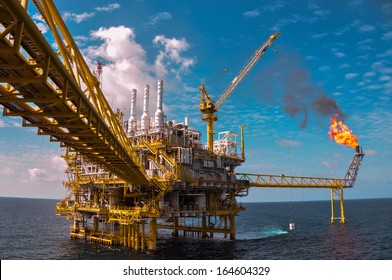 Oil And Gas Platform With Gas Burning, Power Energy.