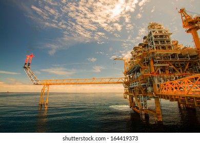 Oil And Gas Platform In The Gulf Or The Sea, The World Energy, Offshore Oil And Rig Construction.