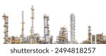 Oil And Gas Refinery Industrial Complex Plant, Petroleum Petrochemical Industry Crude Oil Distillation Tower Building Isolated On White Background.