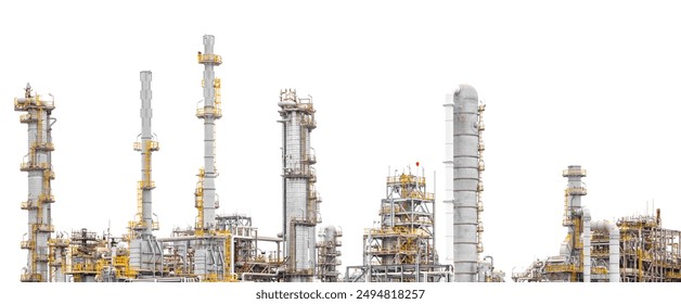 Oil And Gas Refinery Industrial Complex Plant, Petroleum Petrochemical Industry Crude Oil Distillation Tower Building Isolated On White Background. - Powered by Shutterstock