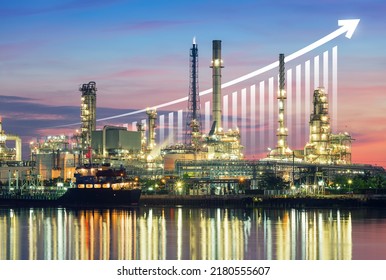 Oil gas refinery or petrochemical plant. Include arrow, graph or bar chart. Increase trend or growth of production, market price, demand, supply. Concept of business, industry, fuel and power energy. - Shutterstock ID 2180555607