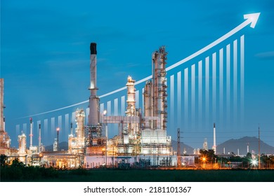 Oil gas refinery or petrochemical plant. Include arrow, graph or bar chart. Increase trend or growth of production, market price, demand, supply. Concept of business, industry, fuel and power energy. - Shutterstock ID 2181101367