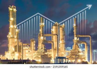Oil gas refinery or petrochemical plant. Include arrow, graph or bar chart. Increase trend or growth of production, market price, demand, supply. Concept of business, industry, fuel, power energy.
 - Shutterstock ID 2191359165