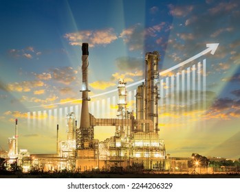 Oil gas refinery or petrochemical plant. Include arrow, graph or bar chart. Increase trend or growth of production, market price, demand, supply. Concept of business, industry, fuel, power energy.