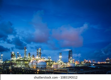 Oil And Gas Refinery Plant Or Petrochemical Industrial Plant On Blue Sky With Cloud Background, Factory Of Petroleum With Dawn Sky