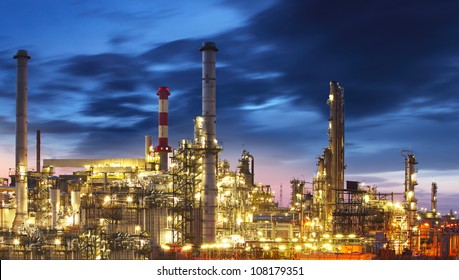 Oil And Gas Refinery At Twilight - Petrochemical Factory