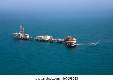 An Oil And Gas Rig In The Persian Gulf. Arabian Sea. Aerial View Of A Platform.