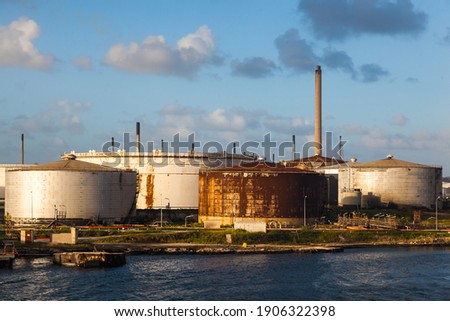 Oil harbor. Refinery and oil storage on the shore of the Gulf of Curacao, Dutch Antilles.