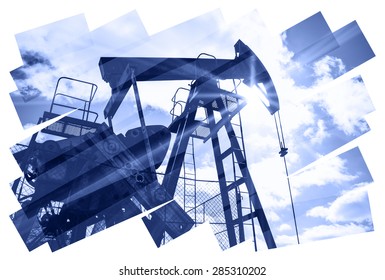 Oil industry abstract composition background. Oil and gas industry. Photo collage toned blue. Isolate on a white.