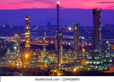 Oil Industry Refinery Factory, Petroleum, Petrochemical Plant At Night.