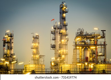 Oil Industry Refinery Factory, Petroleum, Petrochemical Plant At Night