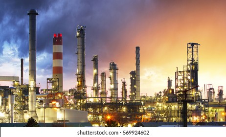 Oil Industry Refinery factory at Sunset, Petroleum, petrochemical plant