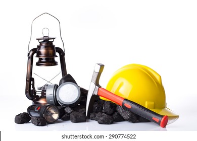 Oil Lantern, Mining Tool, Helmet, Respirator, Coal On White Background