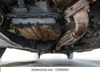 Oil leak in the diesel engine, bottom view on oil sump