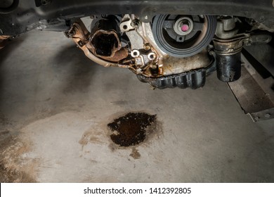 Oil Leak In The Engine, Bottom View On Oil Sump