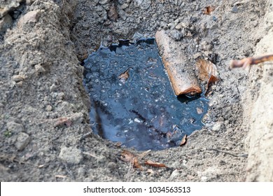 Oil Leaking From The Soil, Heating Oil From A Previous Oil Spill, Contaminated Site With A Risk To Groundwater And Environment