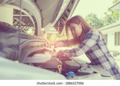 Woman checking Oil Level In A Car, Change Oil Car
