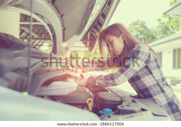 woman checking oil\
level in a car, change oil\
car\
