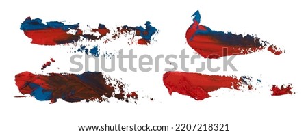 Oil paint brush strokes textured stripes collection isolated on white background; red blue traces of acrylic made by hand
