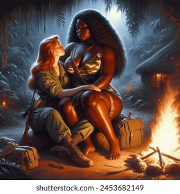 Oil painting artistic image of a barefoot, very beautiful, very curvy, voluptuous plus-size black woman with long, flowing hair wearing a camouflage bodysuit with an ammo strap around her thigh, sitting by by a campfire in the jungle at night, hugging a