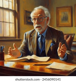 Oil painting artistic image of a college professor talking from behind a desk in an office