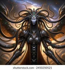 Oil painting artistic image of create an image of a female mythical creature with a snake's lower body and the upper body of a bat. the creature has android arms. it has long dreadlocks and a very long elongated head. its eyes give off white light. it is