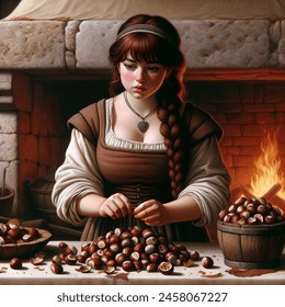 Oil painting artistic image of curvy teen princess with dark red hair, bangs and a thick braid, standing behind a table. pile of chestnuts on table. fire in medieval stone hearth behind her. background of medieval kitchen. princess wears apron over dress.