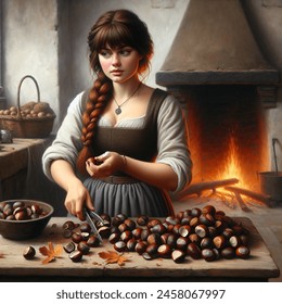 Oil painting artistic image of curvy teen princess with dark red hair, bangs and a thick braid, standing behind a table. pile of chestnuts on table. fire in medieval stone hearth behind her. background of medieval kitchen. princess wears apron over dress.