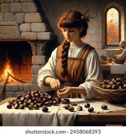 Oil painting artistic image of curvy teen princess with dark red hair, bangs and a thick braid, standing behind a table. pile of chestnuts on table. fire in medieval stone hearth behind her. background of medieval kitchen. princess wears apron over dress.