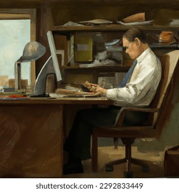 Oil painting artistic image of a man sitting at a desk in an office became a hard worker