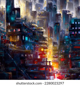 Oil painting artistic image of massive arcane fantasy city with bright lights, multiple levels, floating buildings and skyscrapers