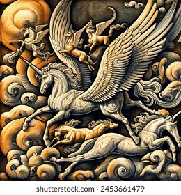 Oil painting artistic image of mock escher woodcut of unicorns and pegasus