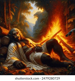 Oil painting artistic image of a once impressive orc chieftain is sleeping on his side next to a roaring fire in a jungle clearing. he is wearing a long silk shirt with his chest exposed