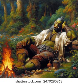 Oil painting artistic image of a once impressive orc chieftain is sleeping on his side next to a roaring fire in a jungle clearing. he is wearing a long silk shirt with his chest exposed