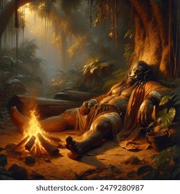 Oil painting artistic image of a once impressive orc chieftain is sleeping on his side next to a roaring fire in a jungle clearing. he is wearing a long silk shirt with his chest exposed