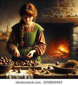 Oil painting artistic image of plump and beautiful teen princess with dark red hair, bangs and a thick braid, standing behind a table. pile of chestnuts on table. fire in medieval stone hearth behind her. background of medieval kitchen. princess wears