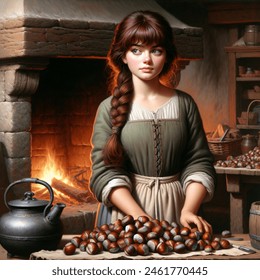 Oil painting artistic image of plump and beautiful teen princess with dark red hair, bangs and a thick braid, standing behind a table. pile of chestnuts on table. fire in medieval stone hearth behind her. background of medieval kitchen. princess wears