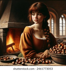 Oil painting artistic image of plump and beautiful teen princess with dark red hair, bangs and a thick braid, standing behind a table. pile of chestnuts on table. fire in medieval stone hearth behind her. background of medieval kitchen. princess wears
