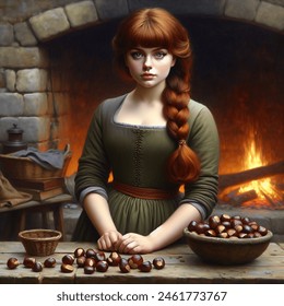 Oil painting artistic image of plump and beautiful teen princess with dark red hair, bangs and a thick braid, standing behind a table. pile of chestnuts on table. fire in medieval stone hearth behind her. background of medieval kitchen. princess wears