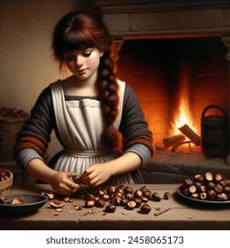 Oil painting artistic image of slightly chubby teen princess with dark red hair, bangs and a thick braid, standing behind a table. pile of chestnuts on table. fire in medieval stone hearth behind her. background of medieval kitchen. princess wears apron