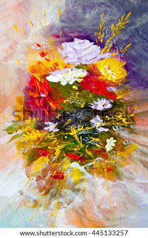 Oil painting a bouquet of flowers .  Impressionist style.