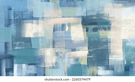 Oil painting on canvas. Artistic texture, paint doubs and smears grungy background, hand painted teal and beige colored pattern
