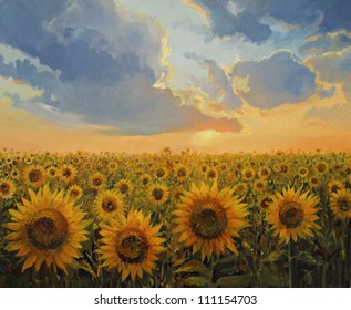 An oil painting on canvas of a breathtaking rural sunset scene with a sunflowers field. Colorful floral landscape lit by the warm light of the sun in the last hours of the day.