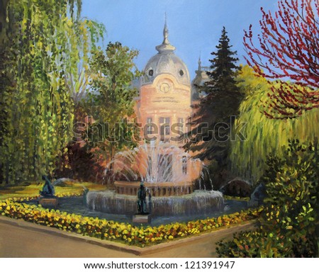 An oil painting on canvas of the building of library 