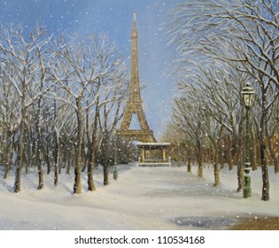 An oil painting on canvas of a Christmas winter snow scene in the capital of France, Paris with the iconic Eiffel tower at the background of the landscape.